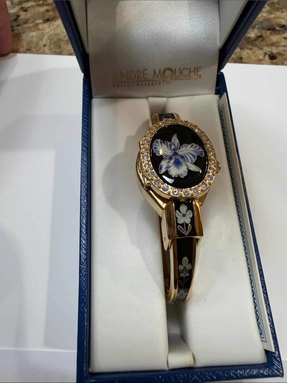 Andre Mouche Gold-Tone Black Floral Enamel Bangle Watch